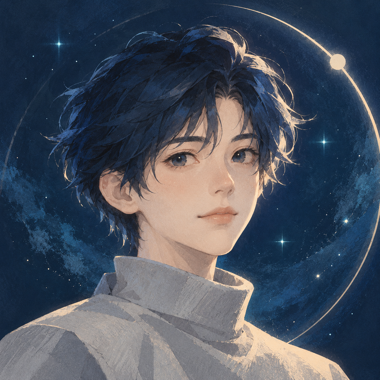 星屿的生成示例头像：深蓝短发的虚构星际观察者